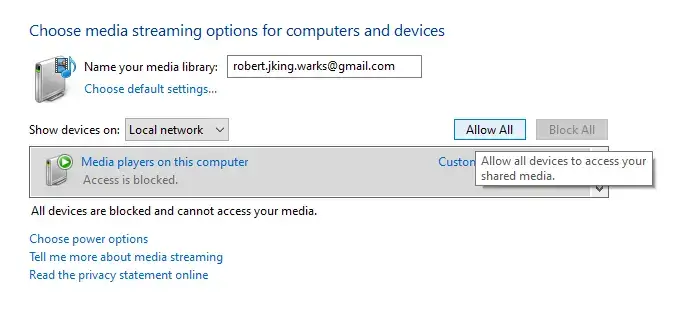 Allow All access for videos DLNA - windows 10