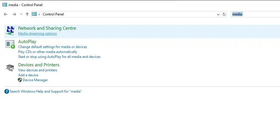 media in control panel - windows 10